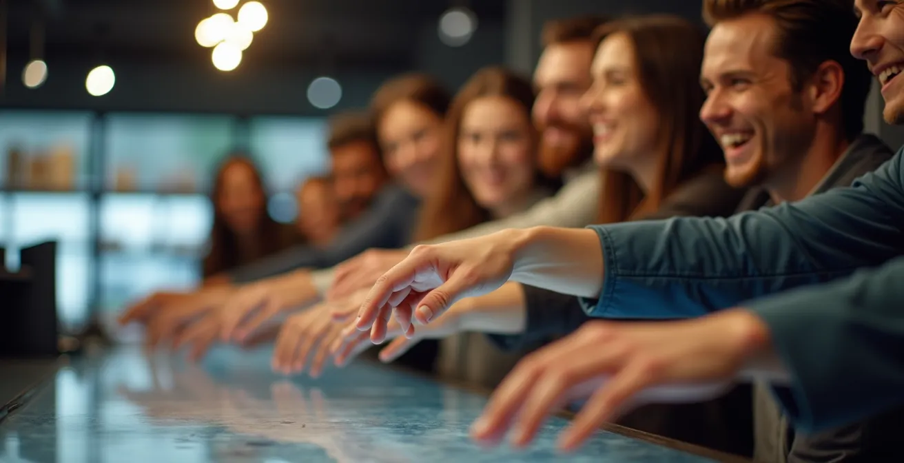 Groupe de clients observant une démonstration produit avec intérêt