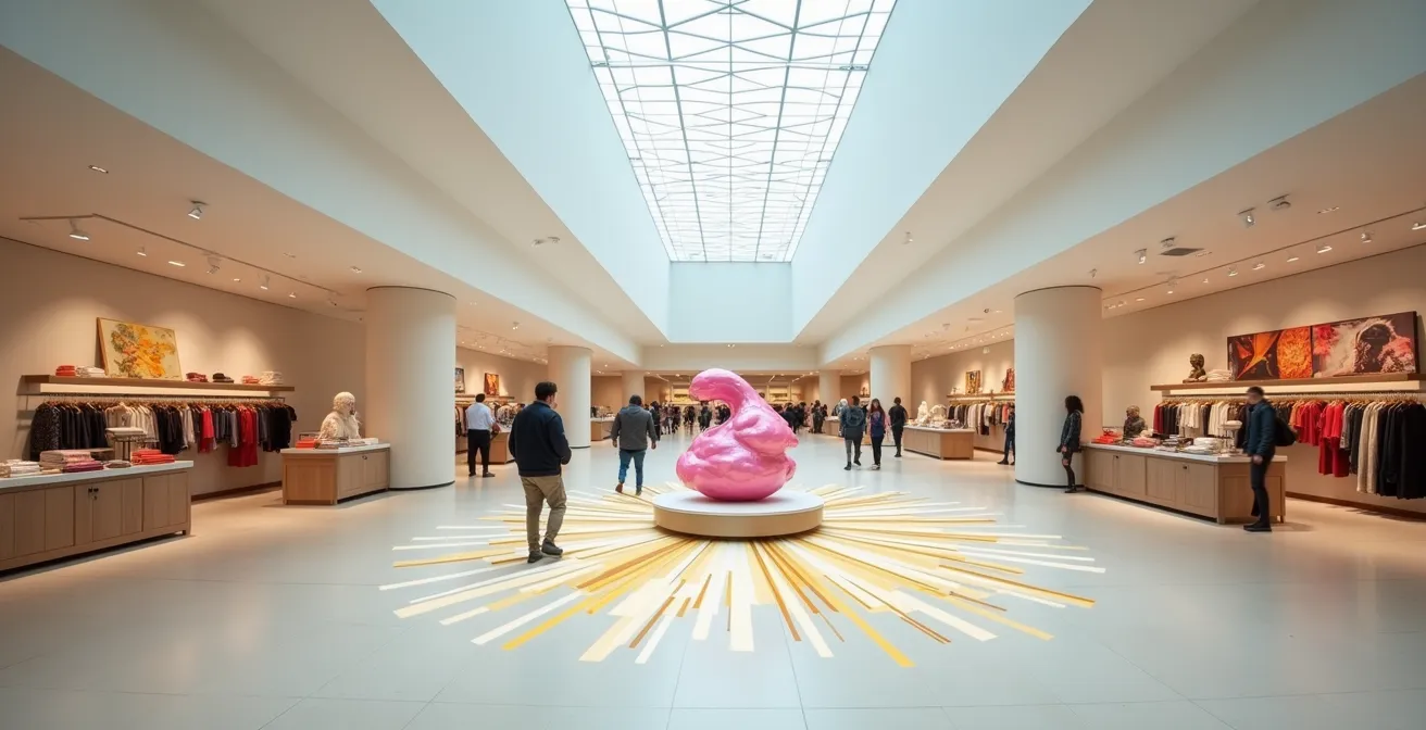 Vue d'ensemble d'un magasin avec zones d'activité interconnectées