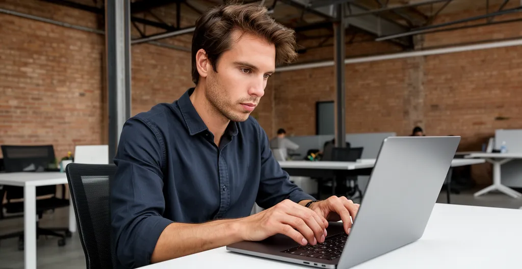 Professionnel travaillant sur laptop dans un espace de coworking animé