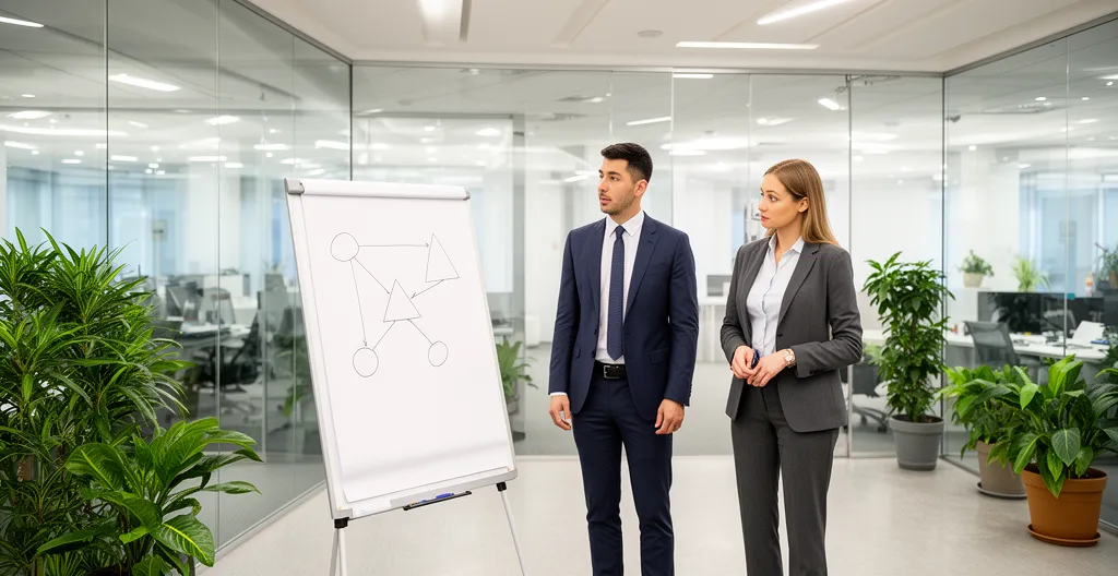Deux professionnels debout devant un tableau blanc dans une salle de réunion lumineuse